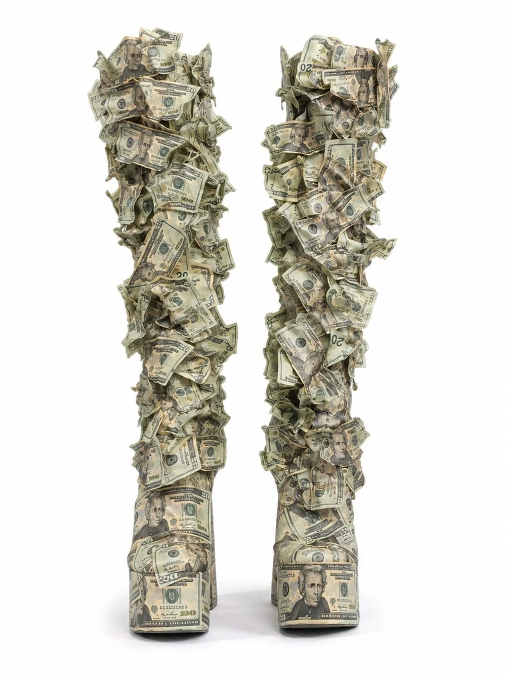 Money Boot Over-the-Knee Money Print Platform Boots - Green/Beige